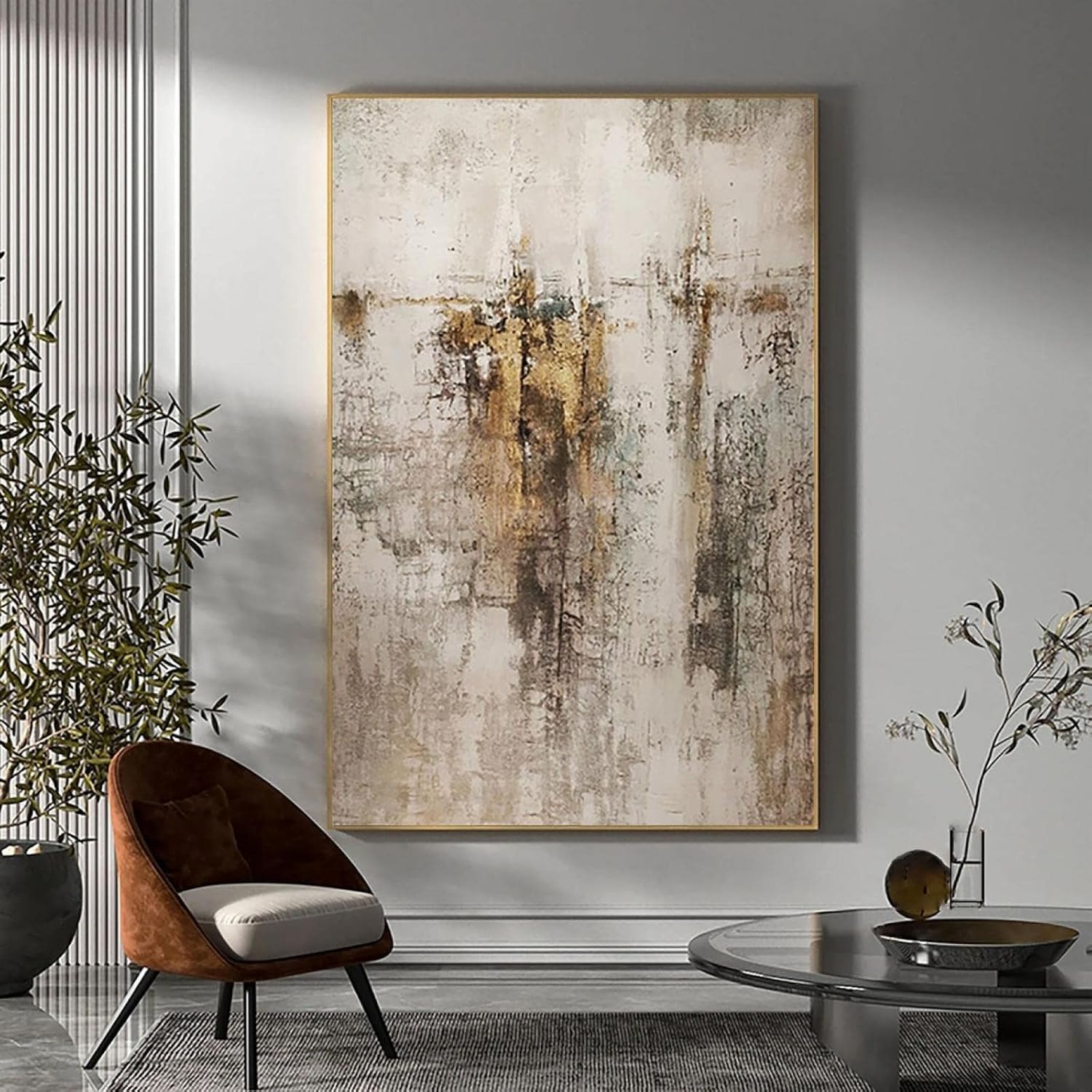 Pintura de arte abstracto grande beige dorado marrón para sala de estar, pintura gris beige, arte de pared escandinavo, decoración del hogar, 14 x