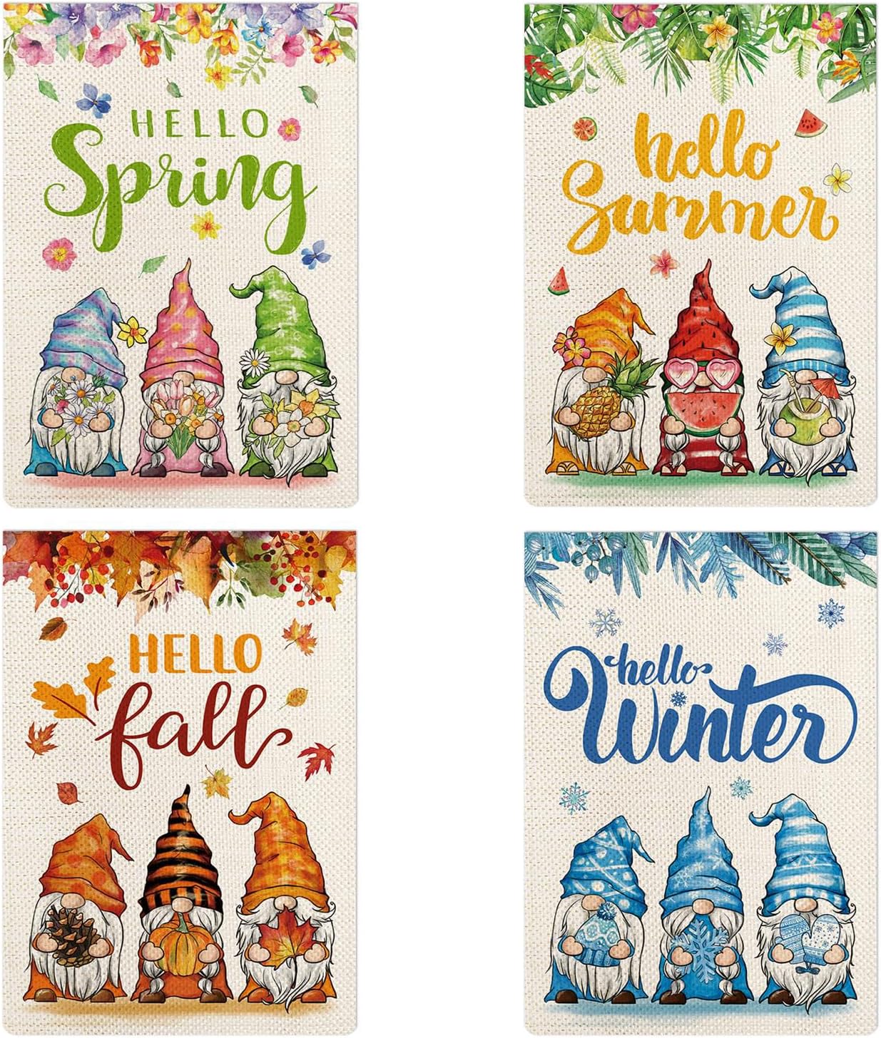 Juego de 4 banderas de jardín de temporada, diseño de Hello Spring, verano, otoño, invierno, tres gnomos, arpillera, banderas de patio con impresión