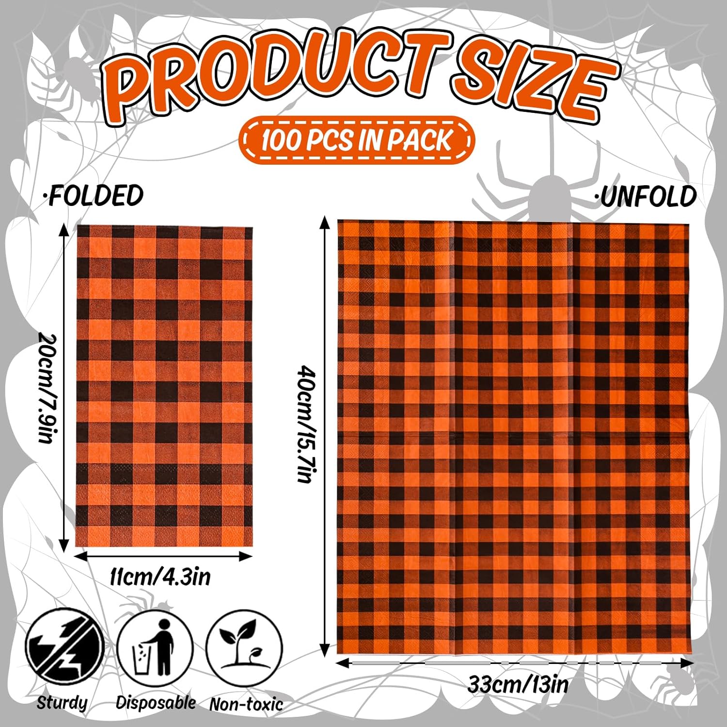 AnyDesign Servilletas desechables de 100 hojas de Halloween para invitados de Halloween, servilletas de papel a cuadros naranja y negro, servilletas