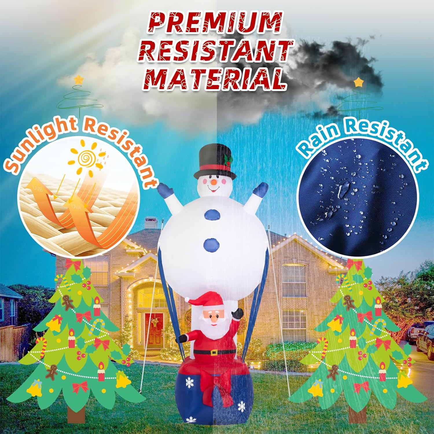 Decoración inflable de Navidad de 8 pies  Globo de aire caliente con muñeco de nieve con Papá Noel inflables de Navidad integrados en LED de arco
