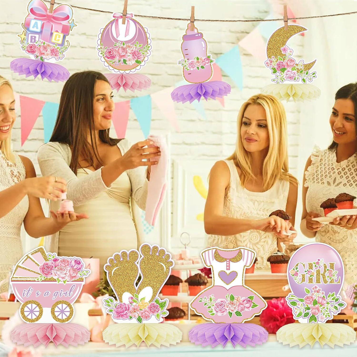 12 centros de mesa de nido de abeja para baby shower, decoración de fiesta para niñas, diseño floral de oro rosa rosa con texto en inglés “It’s a