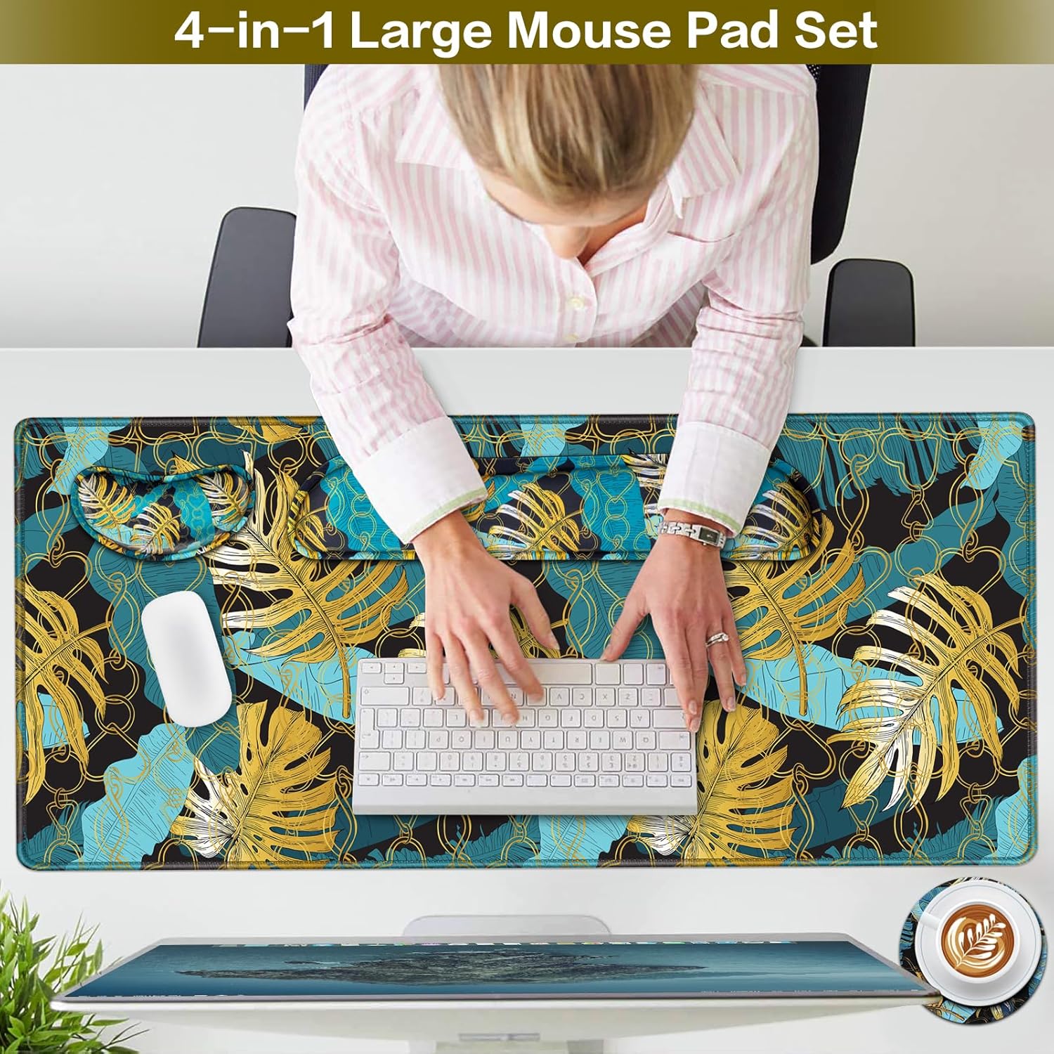 QOMOLAMA Juego de alfombrillas de mouse para juegos 4 en 1, alfombrilla de mouse grande de 35.4 x 15.7 pulgadas, reposamuñecas para teclado,