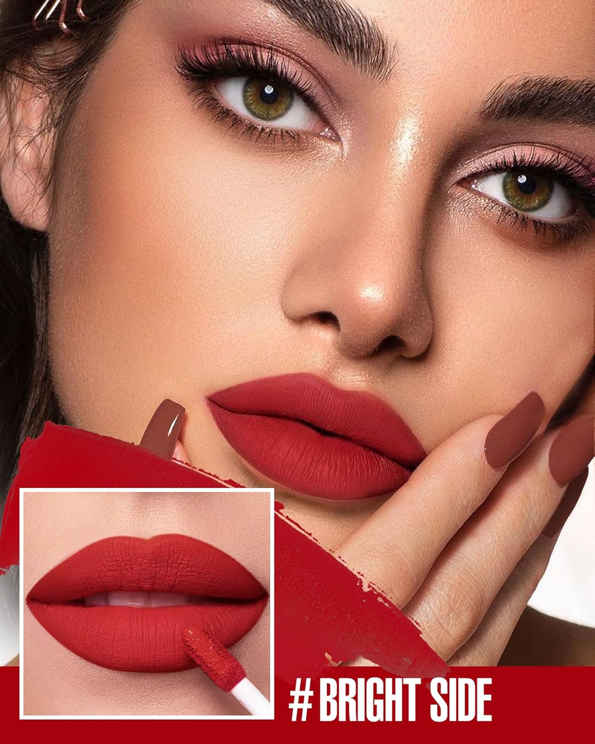 HANLADY Lápiz labial rojo brillante mate, lápiz labial líquido rojo rubí de larga duración para mujeres, a prueba de manchas, manchas de labios, sin