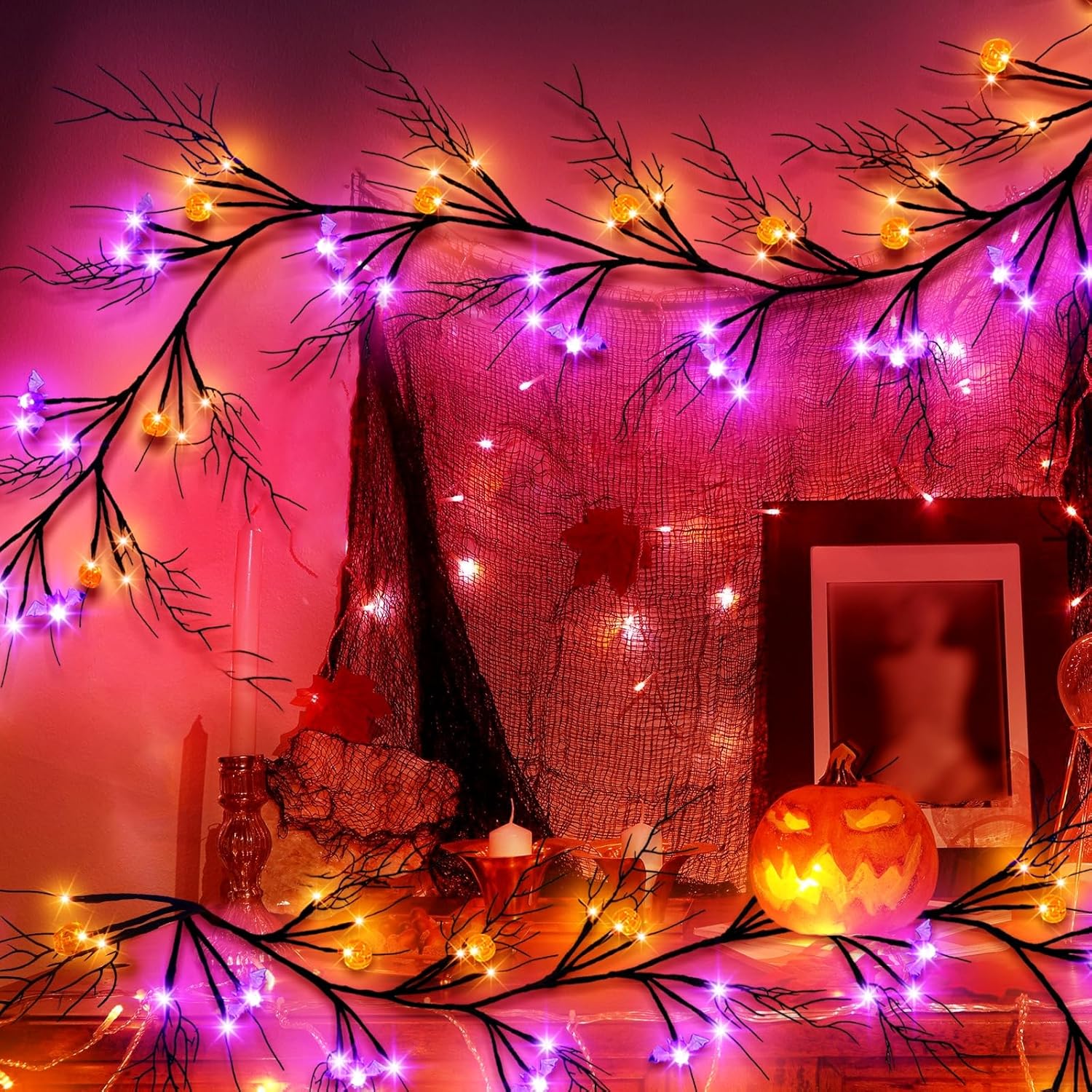 Guirnalda de decoración de ramitas de sauce de Halloween de 6 pies con 57 luces LED con temporizador, 9 calabazas y 7 murciélagos, impermeable,