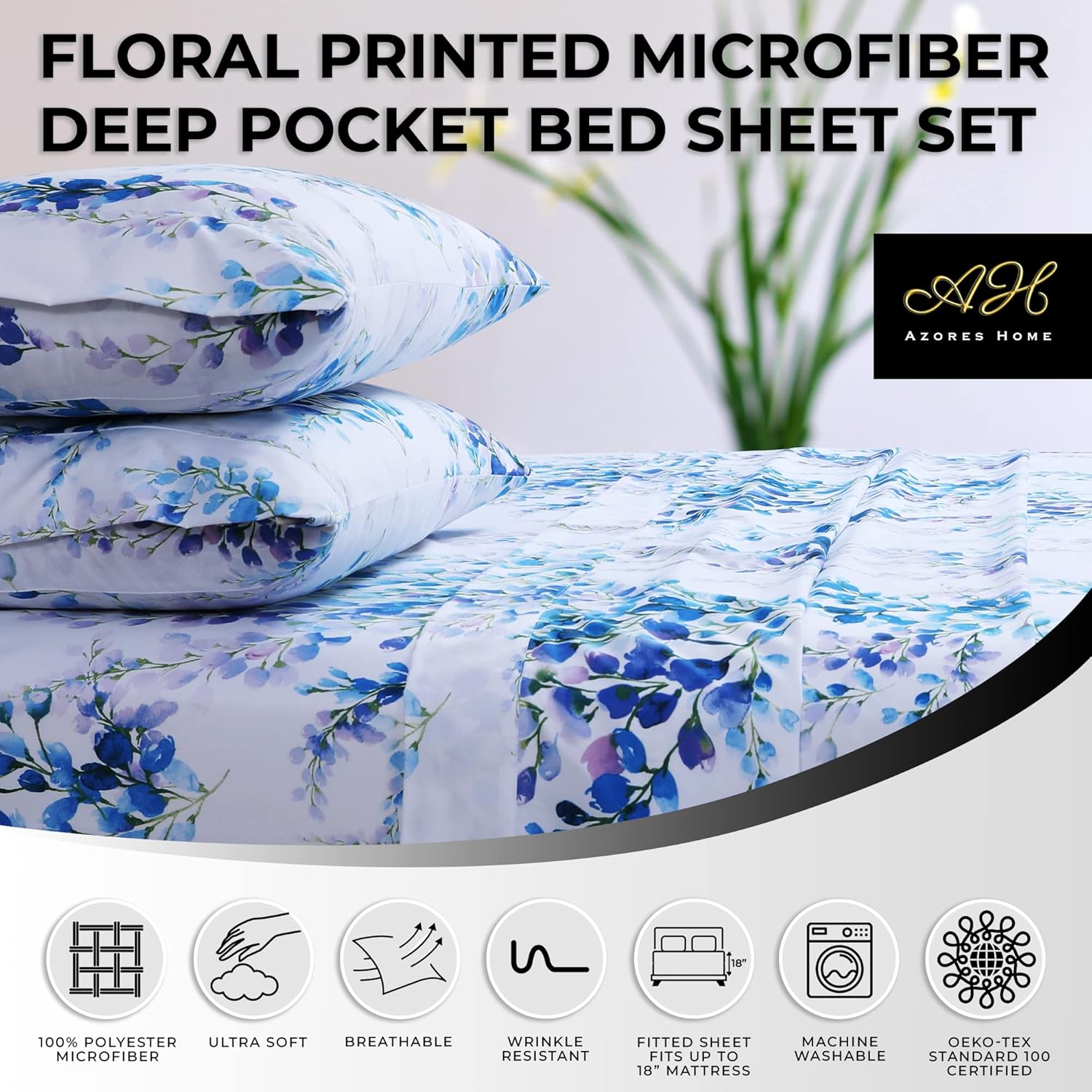 Tribeca Living Azores Home Jolie – Juego de sábanas de bolsillo profundo estampadas, tamaño individual XL, azul (JOLIE110SHETWX)