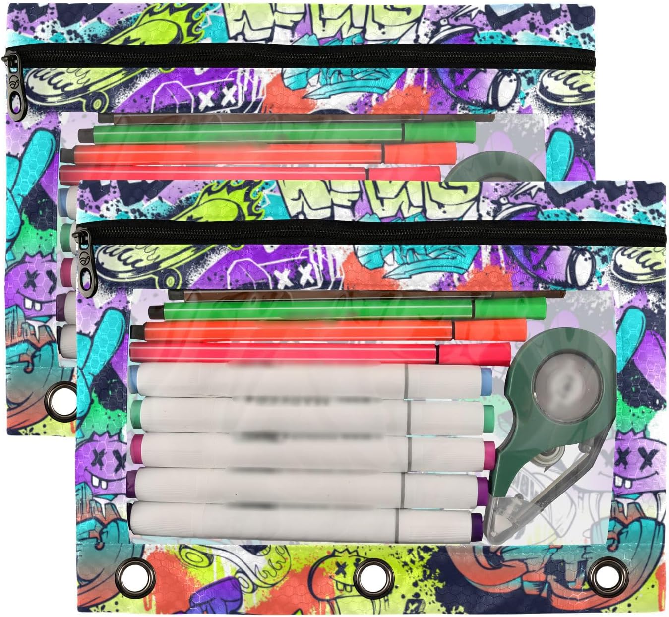 Estuche para lápices de 3 anillos con diseño de dibujos animados de graffiti abstracto, estuche de plástico transparente impermeable con cremallera,