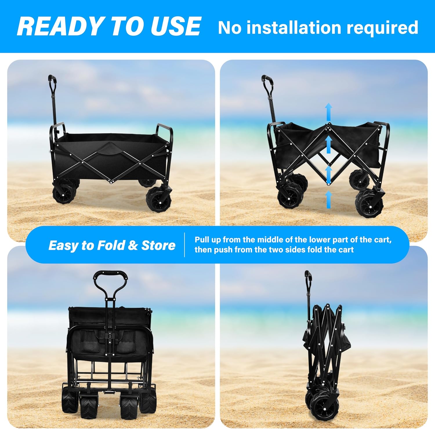 YSSOA Carro plegable plegable, vagón de playa para arena con ruedas grandes, carro de utilidad plegable resistente, carrito de jardín portátil con