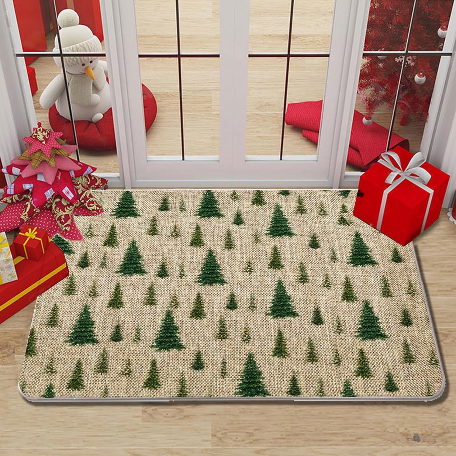Tapete de Navidad para puerta de exterior, tapete de árbol de Navidad, tapete de entrada verde, tapete de puerta de invierno, decoración de casa de