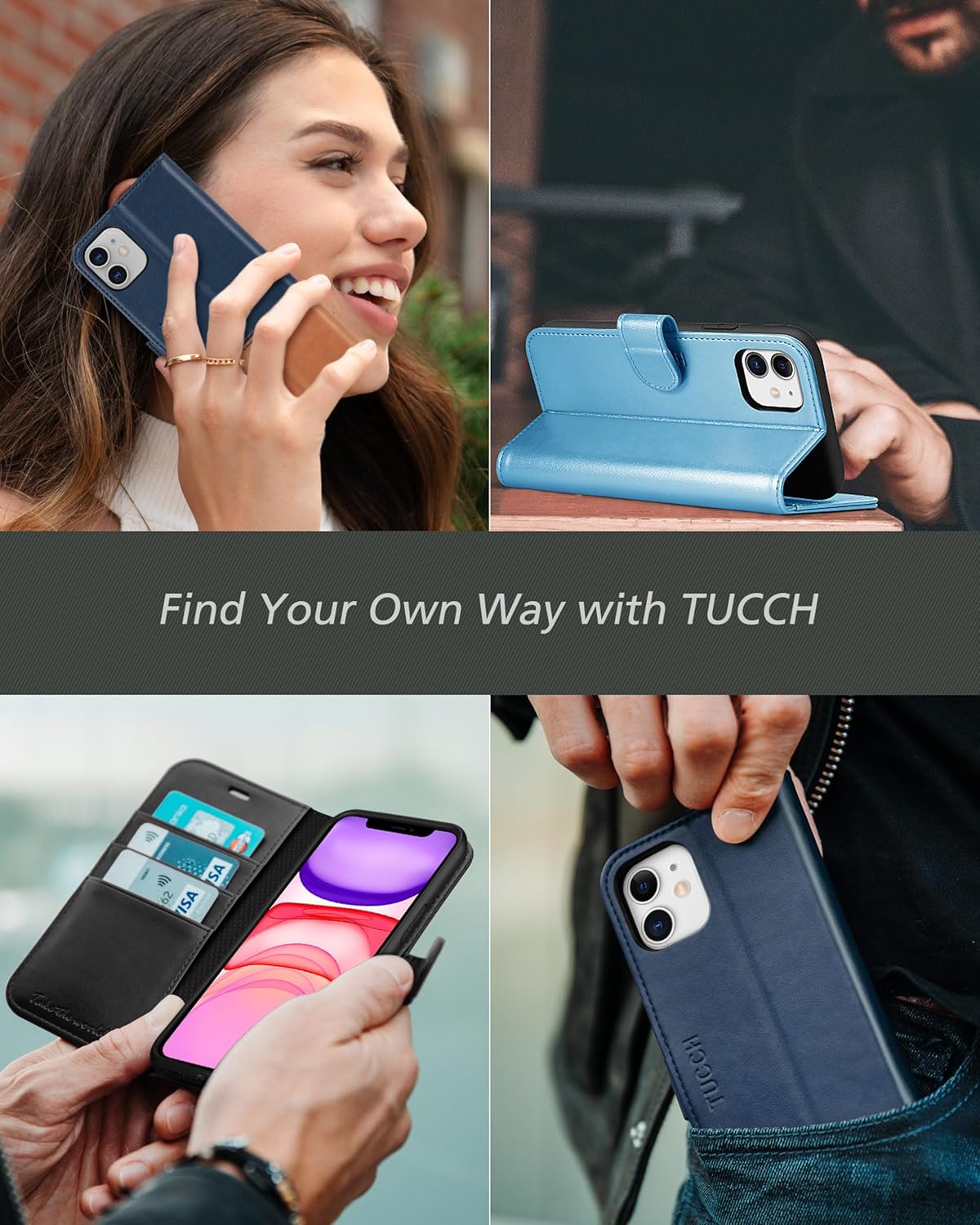 TUCCH Funda para iPhone 11, funda tipo cartera para iPhone 11 con bloqueo RFID, ranuras para tarjetas, cierre magnético, piel sintética protectora