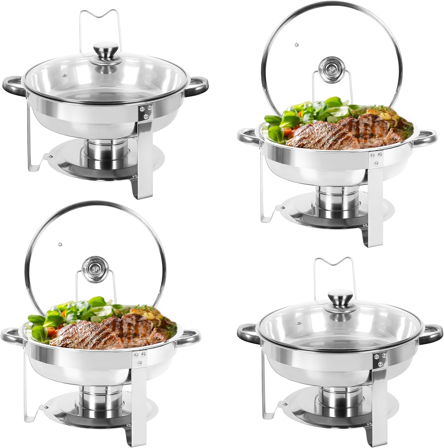 IMACONE Juego de 4 platos de bufé, de acero inoxidable redondo de 5 cuartos de galón para catering, juegos de chafers mejorados y calentadores de