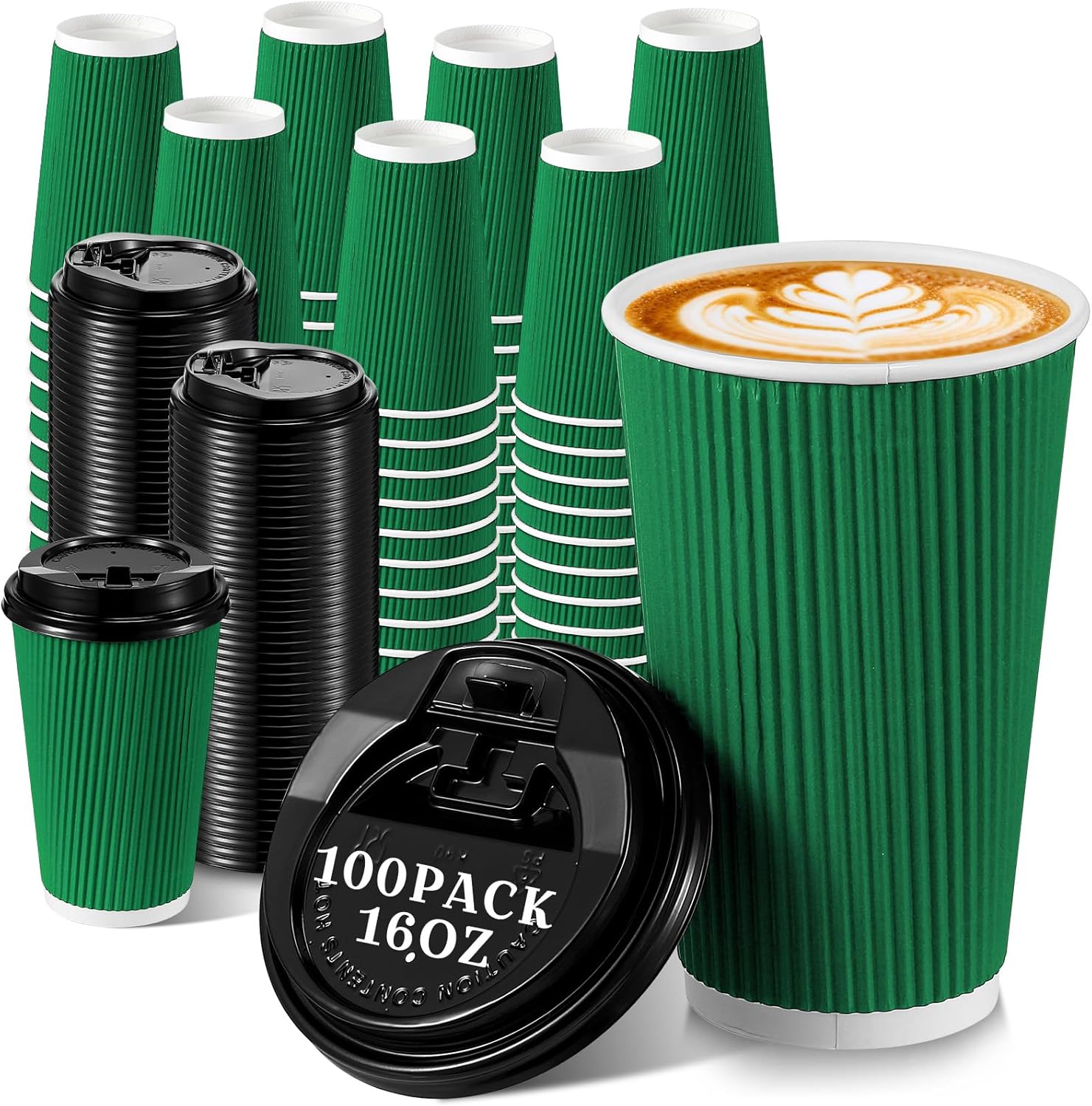 Tioncy 100 tazas de café desechables con tapas, tazas de papel, onduladas corrugadas, aisladas en la pared, tazas calientes con tapas para café,