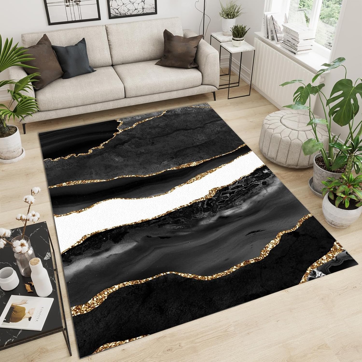 Alfombra decorativa para sala de estar, con textura de mármol blanco y negro, 3 x 4 pies, alfombra de lujo ligera con rayas doradas, esponjosa,
