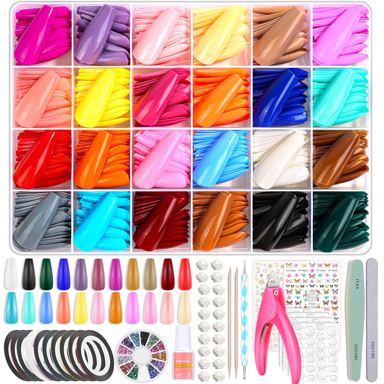 Uñas postizas a presión de 24 colores de cobertura completa, 576 unidades, uñas largas a presión con diamantes de imitación, cintas adhesivas para