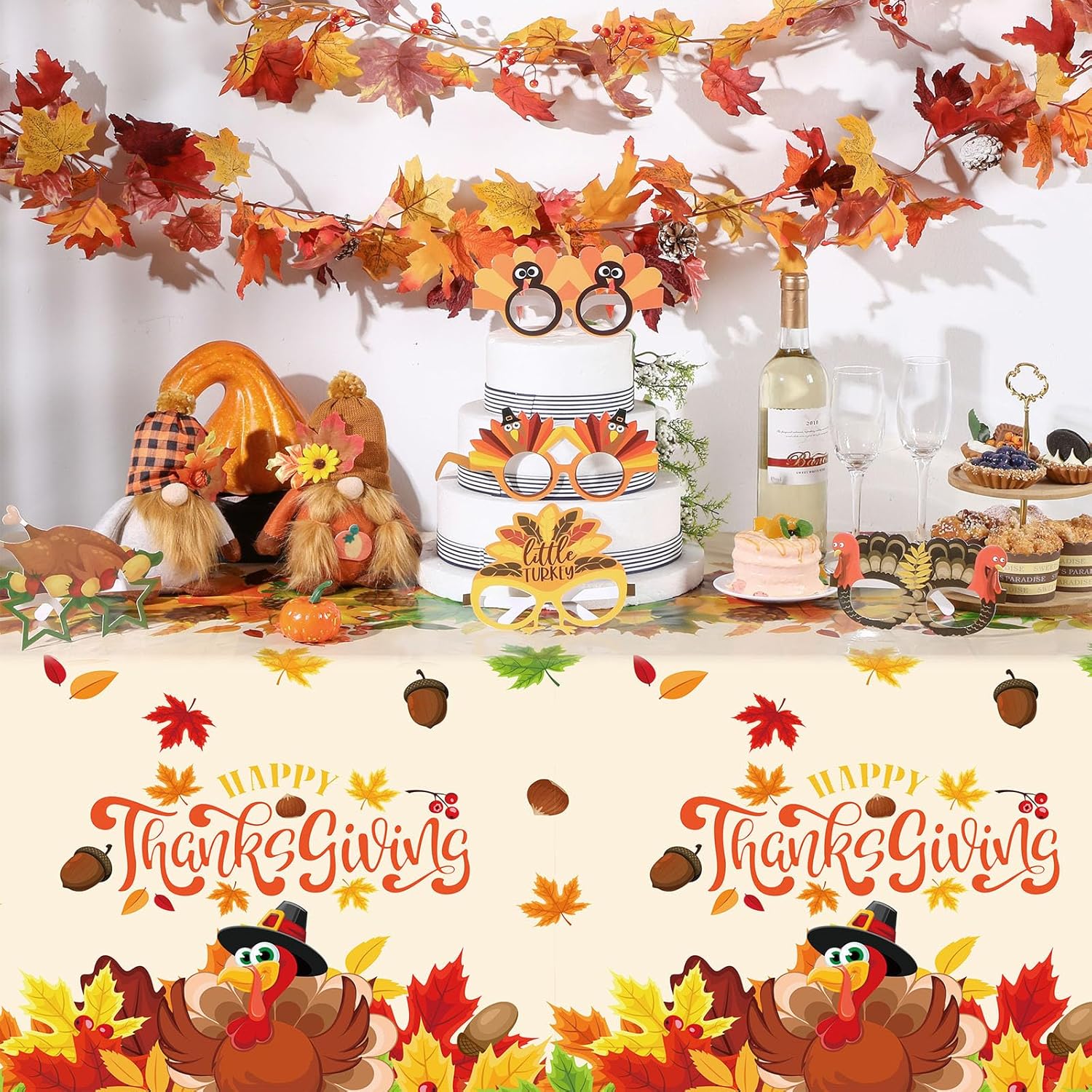 Newwiee 3 manteles de plástico con texto en inglés “Happy Thanksgiving”, manteles de pavo de otoño de 54 x 108 pulgadas, desechables, suministros de