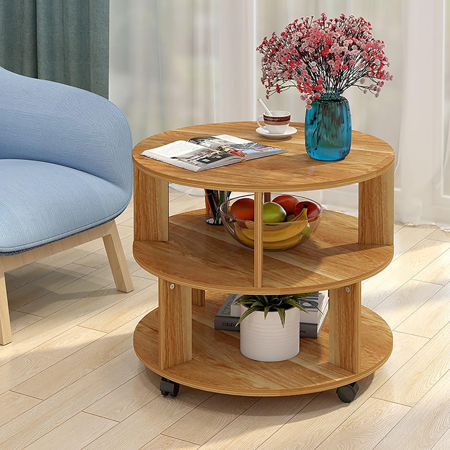 Mesa auxiliar redonda moderna con almacenamiento, mesita de noche con estantes de 2 niveles, mesa de centro pequeña de madera con ruedas, mesa