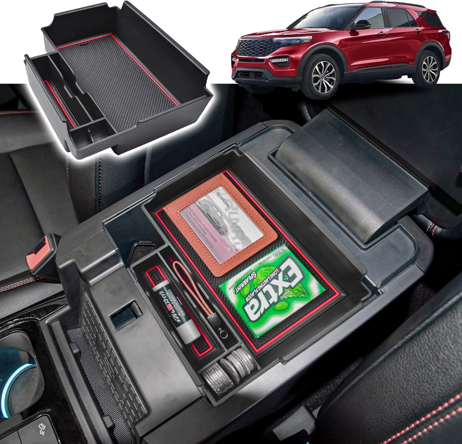 Bandeja organizadora de consola central compatible con Ford Explorer 2025 2024 2023 2022 2021 2020, bandeja para reposabrazos ABS, divisores de