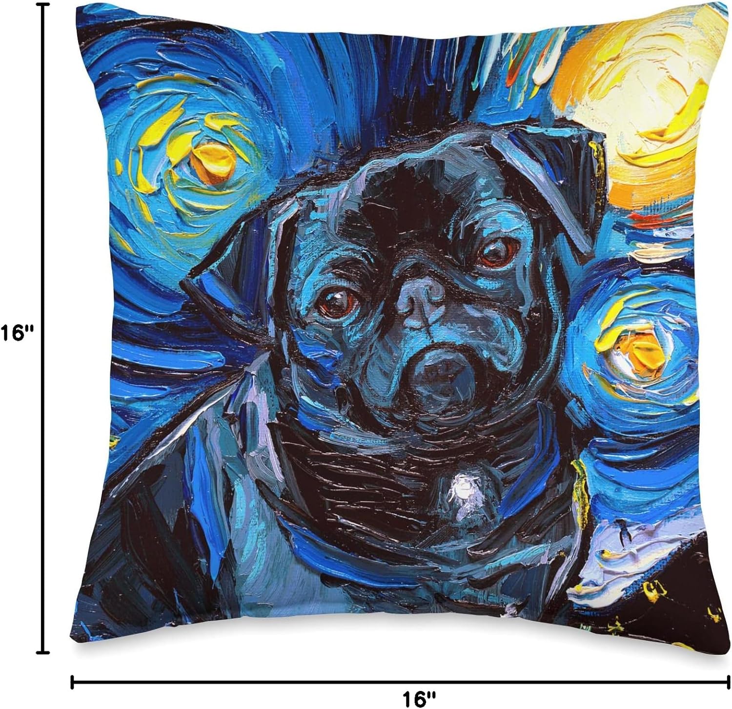 Black Pug Starry Night Cute Little Dog Art by Aja Throw Pillow, 16 x 16 pulgadas, multicolor