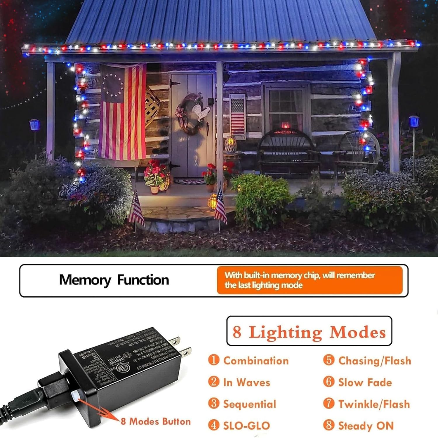 SANJICHA Decoraciones del 4 de julio, 100 luces LED de 33 pies para interiores y exteriores, luces rojas, azules y blancas, 8 modos de luces