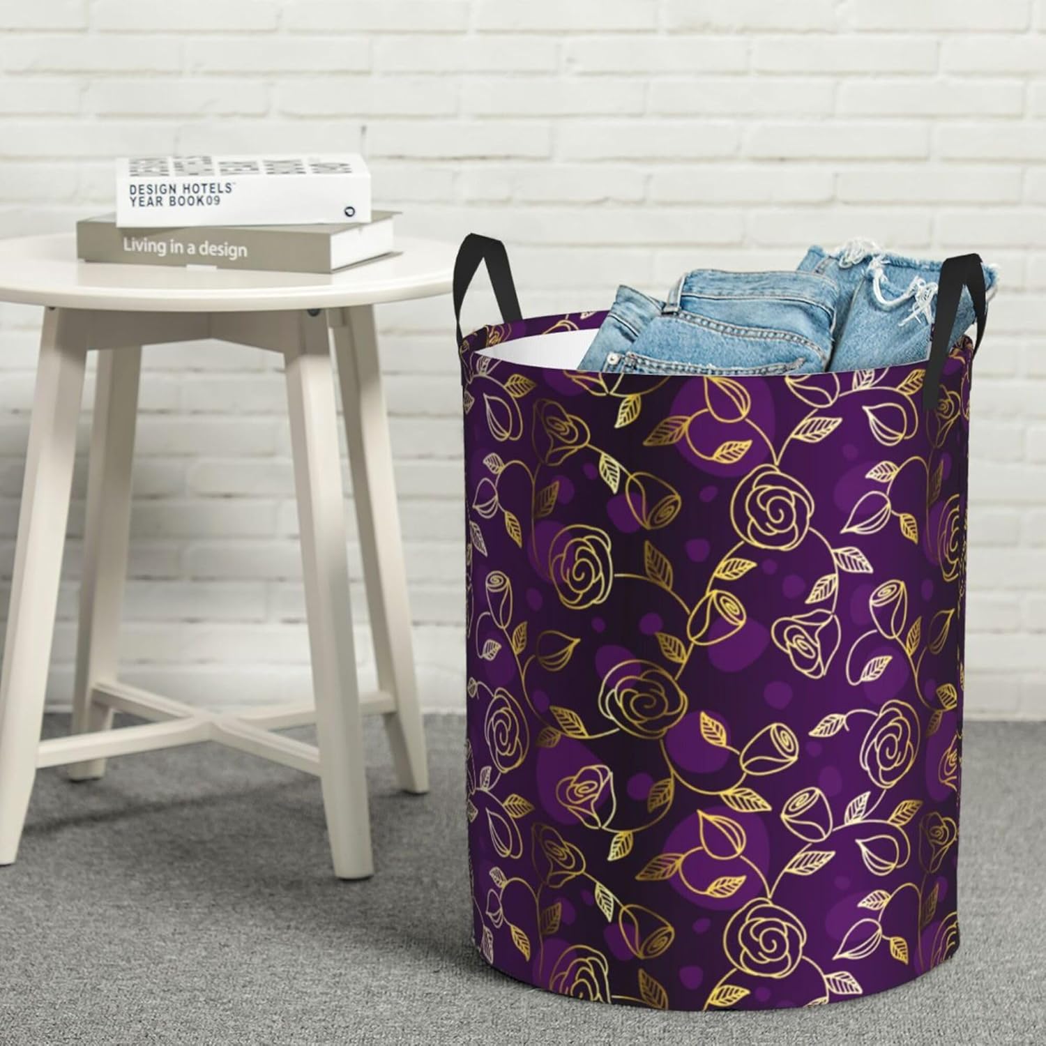 Cesta de lavandería con asas, para ropa sucia, juguetes, organiza almacenamiento, compatible con flores florales, moradas y doradas, cesta de
