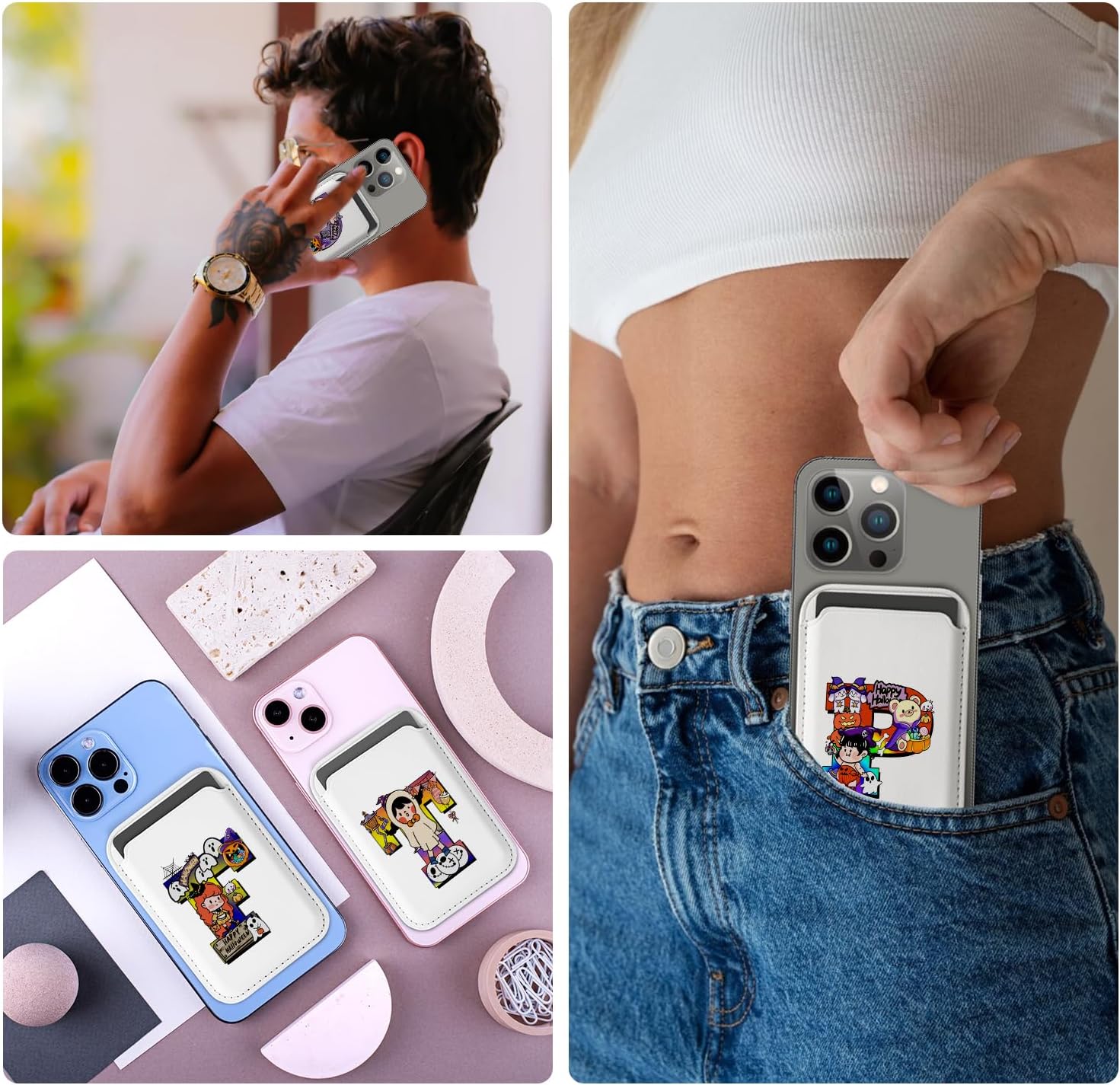 WALLFID Cartera Magsafe de cuero compatible con iPhone 15141312 PlusProMax, tarjetero con RFID, diseño de la serie del alfabeto, W, Cartera magnética