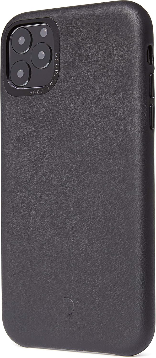 DECODED Funda trasera para iPhone 11 Pro Max – Cuero de grano completo negro, botones de metal, TPU a prueba de golpes