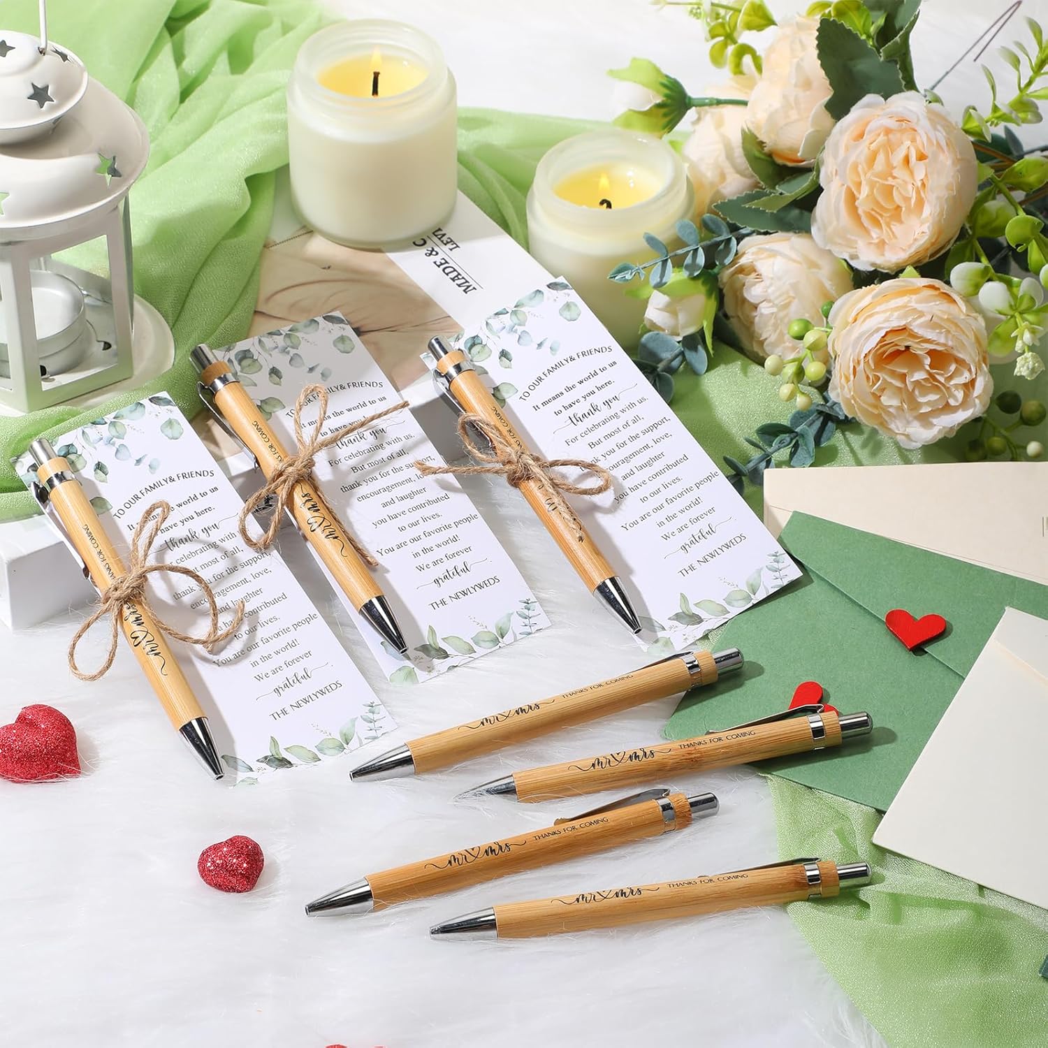 Cholemy 36 juegos de bolígrafos de bambú para despedida de soltera, tarjetas de agradecimiento con cordel, bolígrafo retráctil, recuerdos de boda,