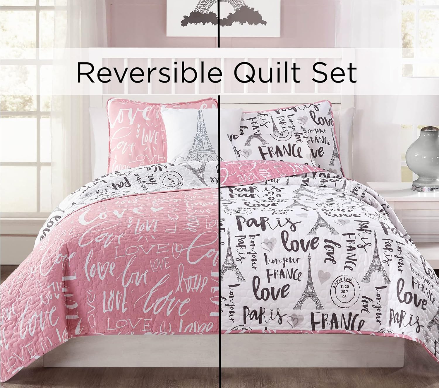 Bonjour, set de 5 unidades de colcha reversible, tamaño queen., RosadoBlancoNegro, King
