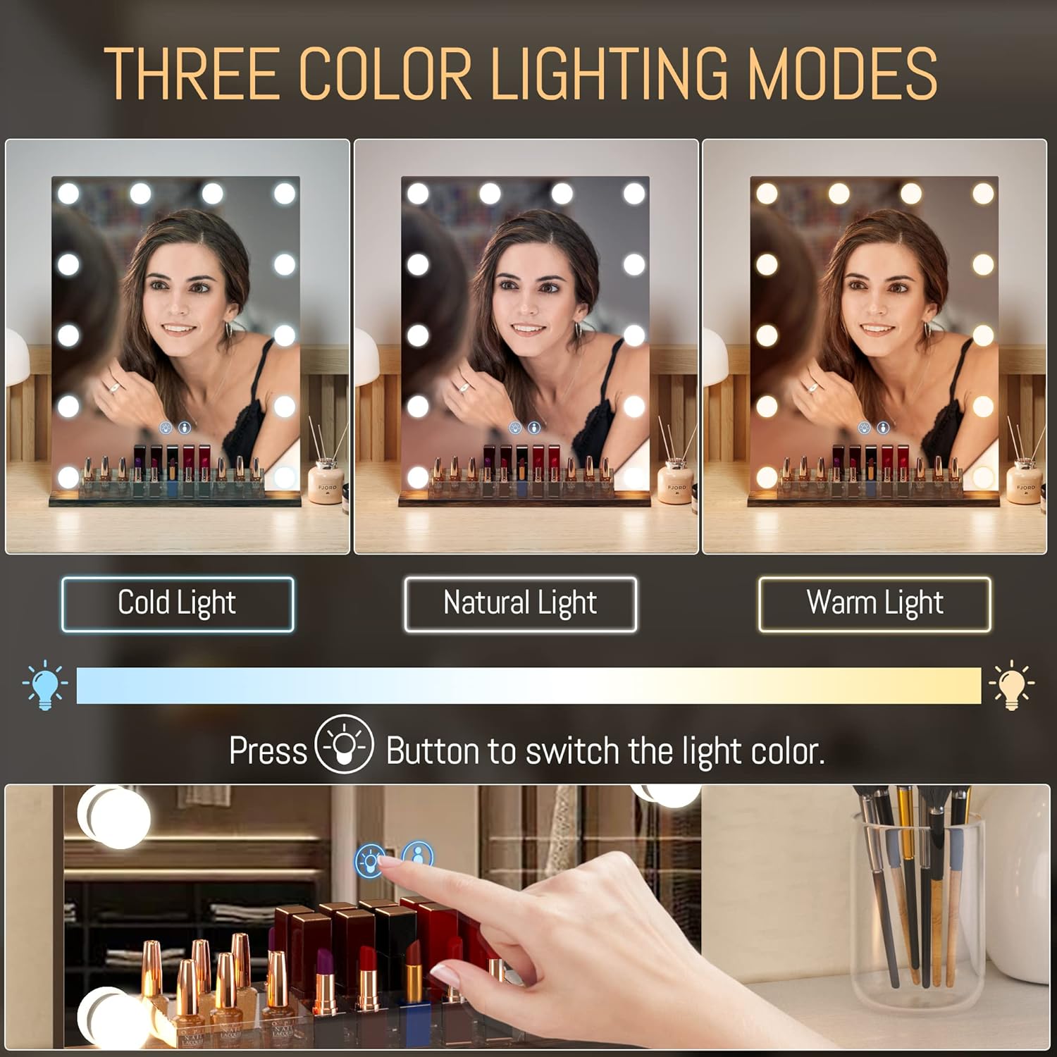 LVSOMT Espejo de tocador con luces, espejo de maquillaje iluminado para escritorio, espejo de tocador de Hollywood con organizador de maquillaje, 3