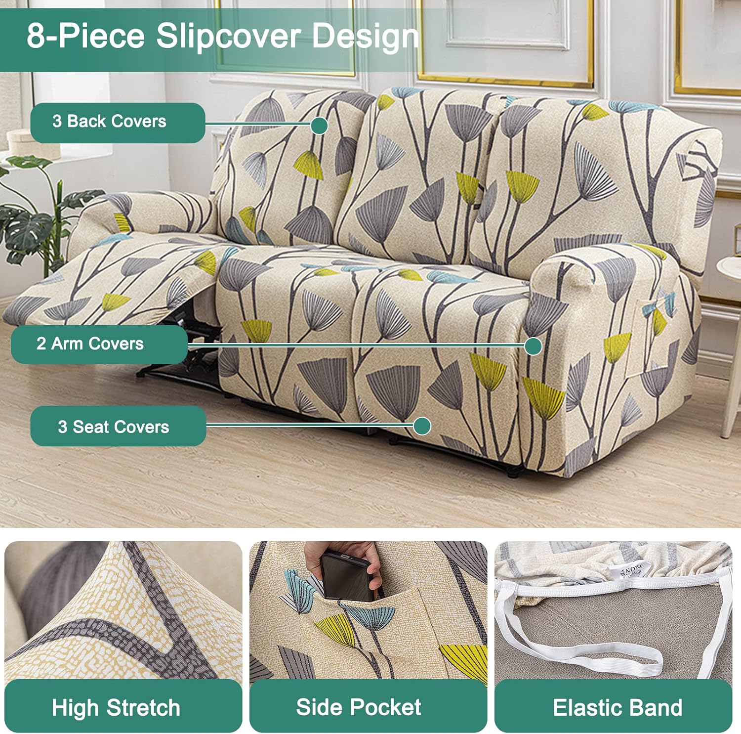 NILUOH Fundas de sofá reclinable de 8 piezas, fundas elásticas para sofá reclinable de 3 asientos, protector de muebles con parte inferior elástica