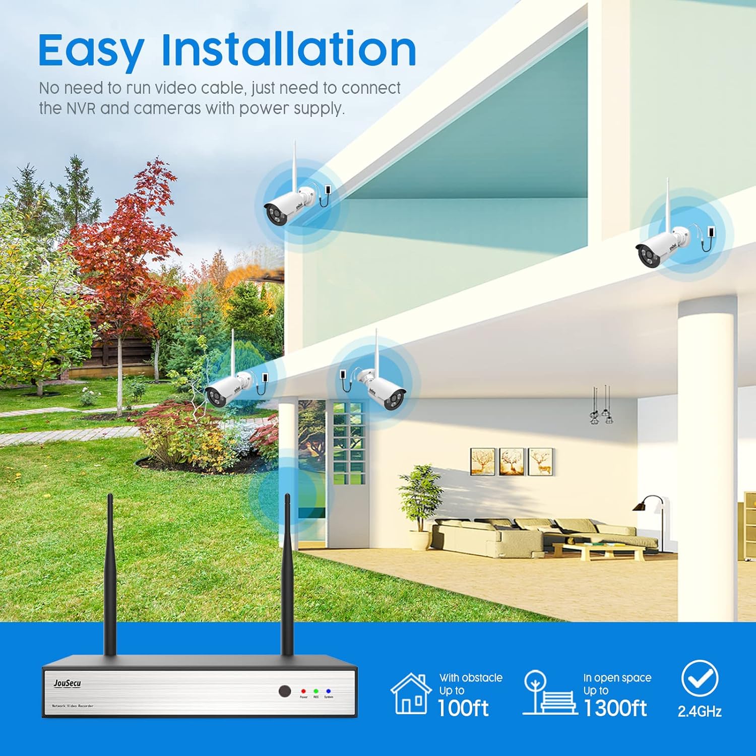 JouSecu JouSecu – Sistema de cámara de seguridad inalámbrica de 8 canales, grabadora NVR de vigilancia CCTV de 3 MP con 4 cámaras WiFi HD de 3.0MP