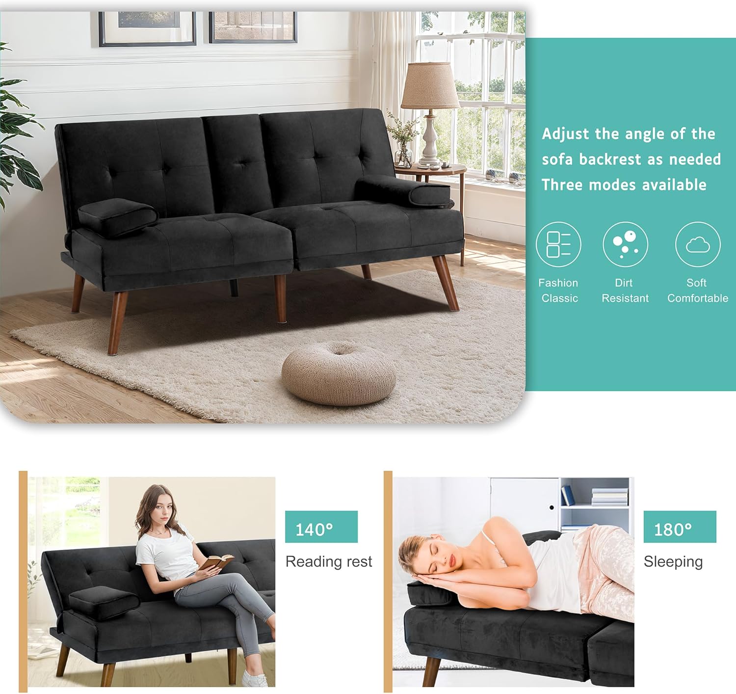 Meilocar Sofá cama de terciopelo de 60 pulgadas con reposabrazos extraíbles, cama de invitados ajustable para espacios pequeños con portavasos y 3