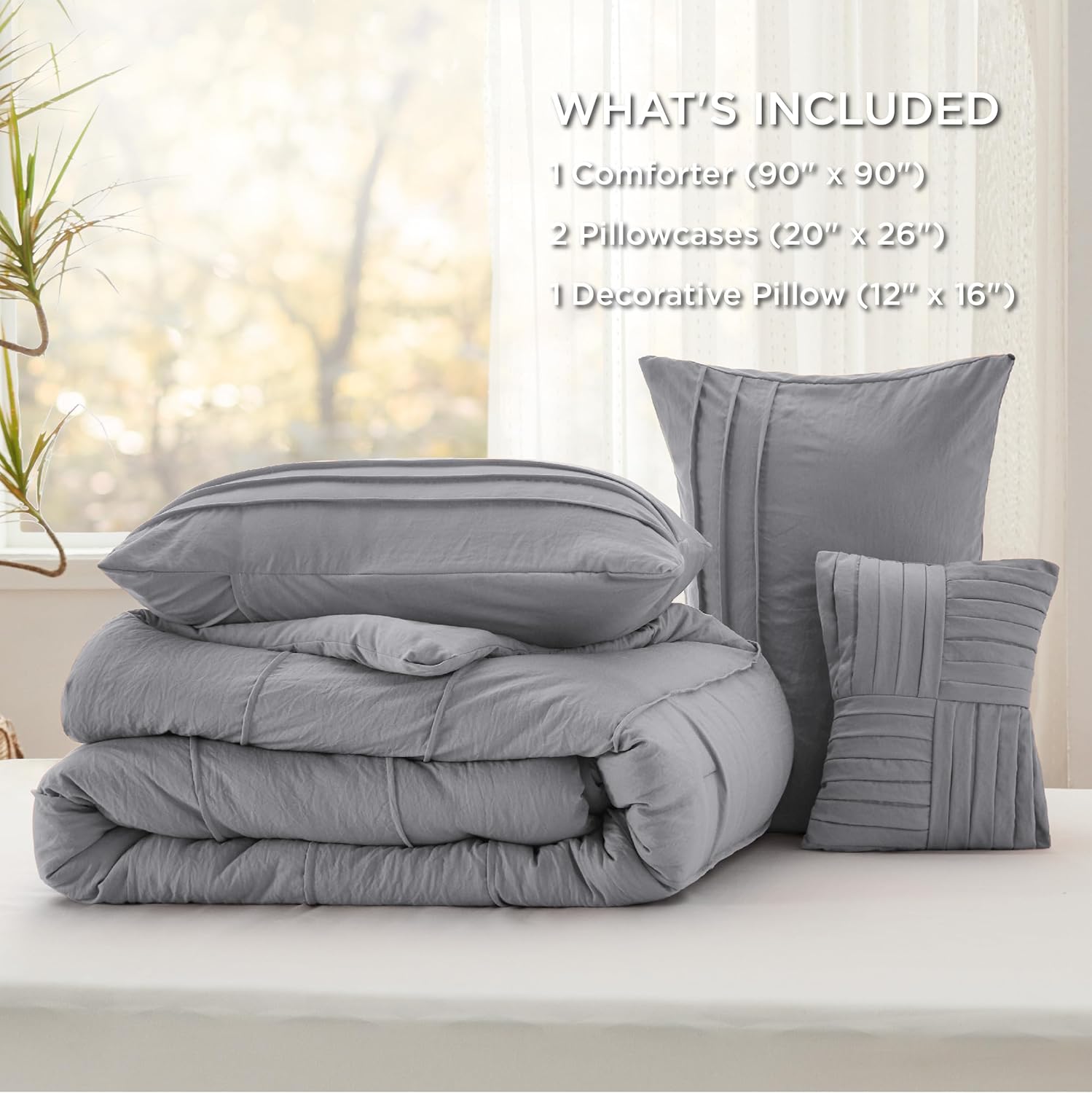 Bedsure Juego de edredón gris tamaño Queen, juego de cama plisado de 4 piezas, juegos de ropa de cama alternativa de plumón para todas las