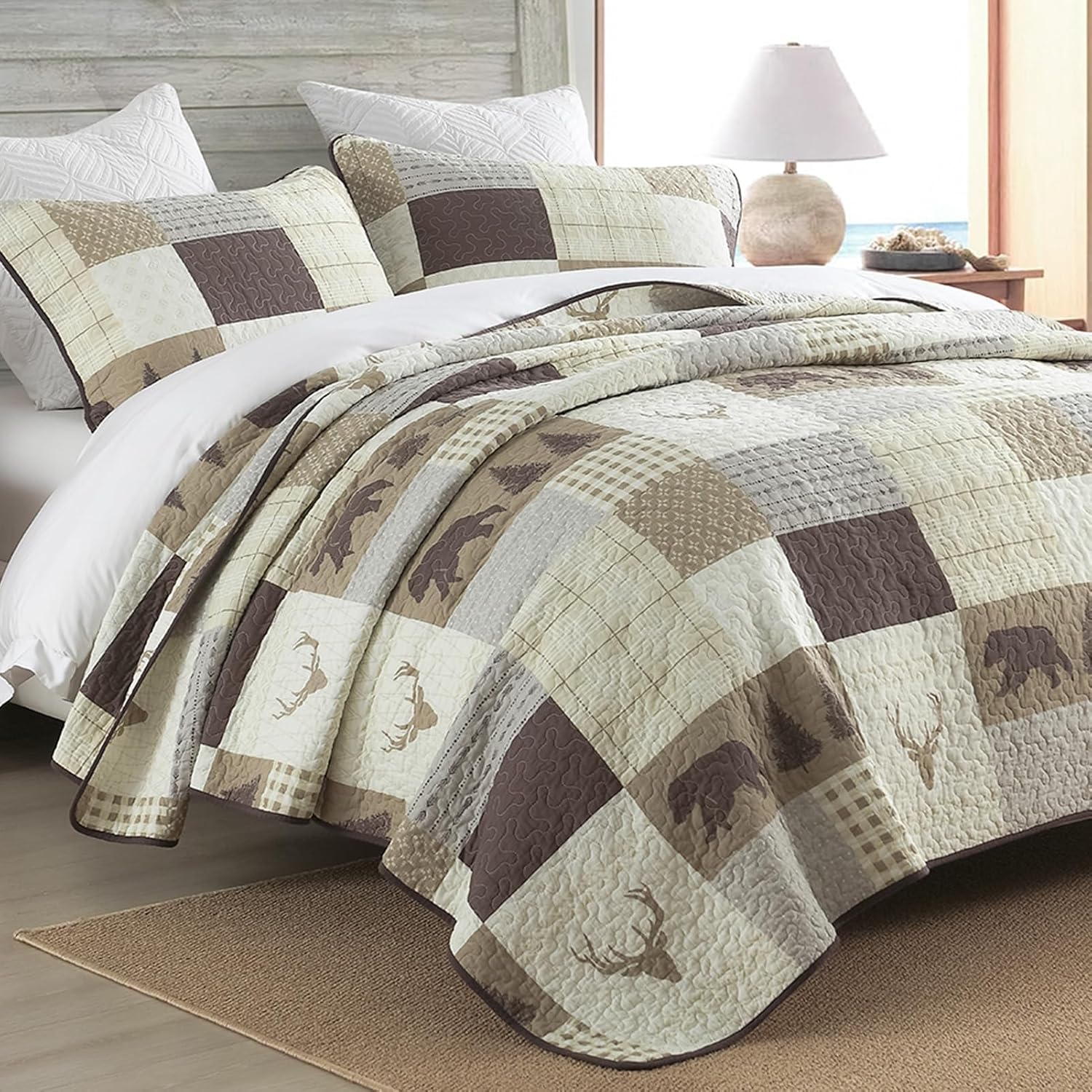 Juego de edredón tamaño King, colcha rústica de 100 % algodón para cama King, edredón reversible y ligero con patrones de vida silvestre,
