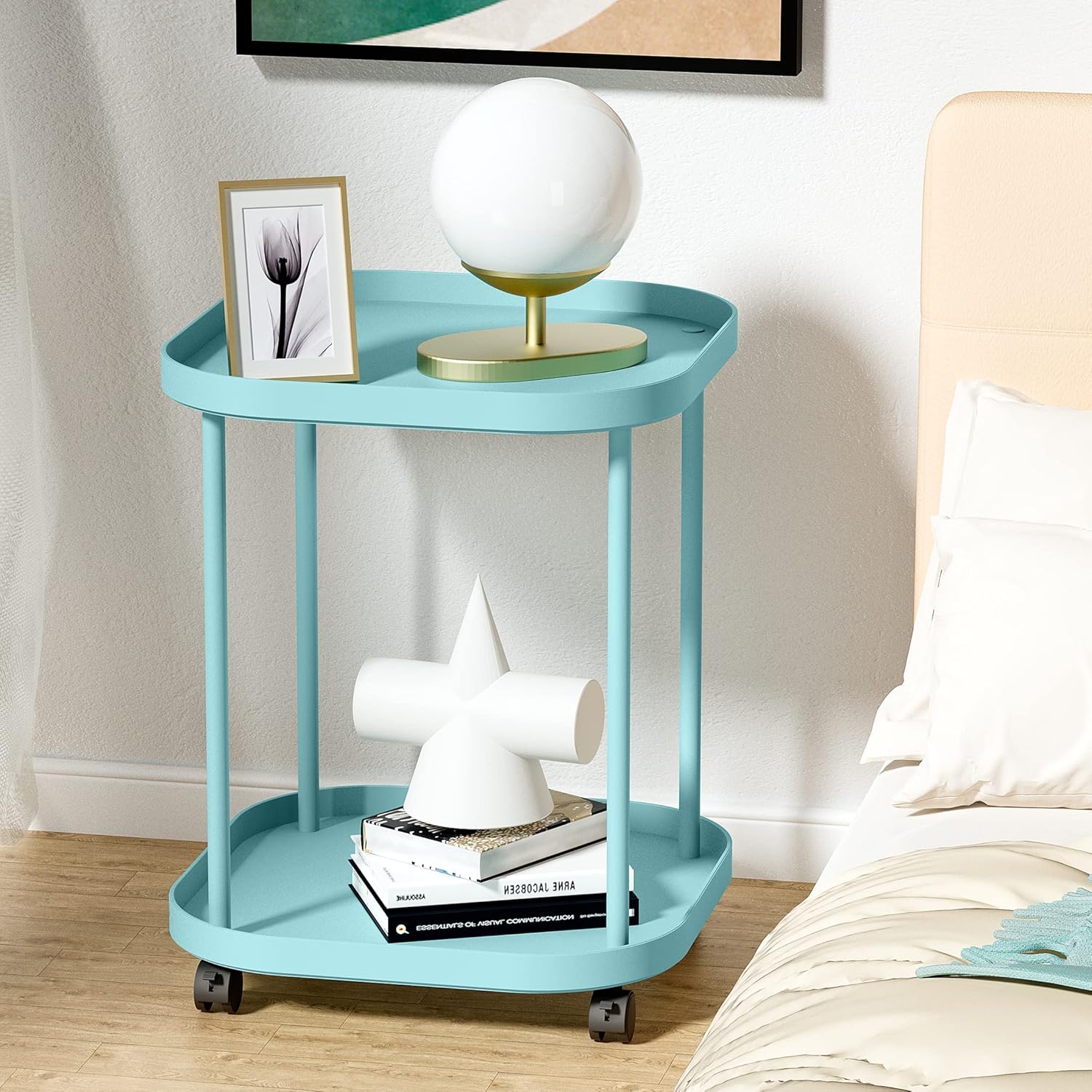 villertech Mesa auxiliar con ruedas, mesa auxiliar para sala de estar, sofá móvil de plástico, mesita de noche pequeña, dormitorio, azul (paquete de