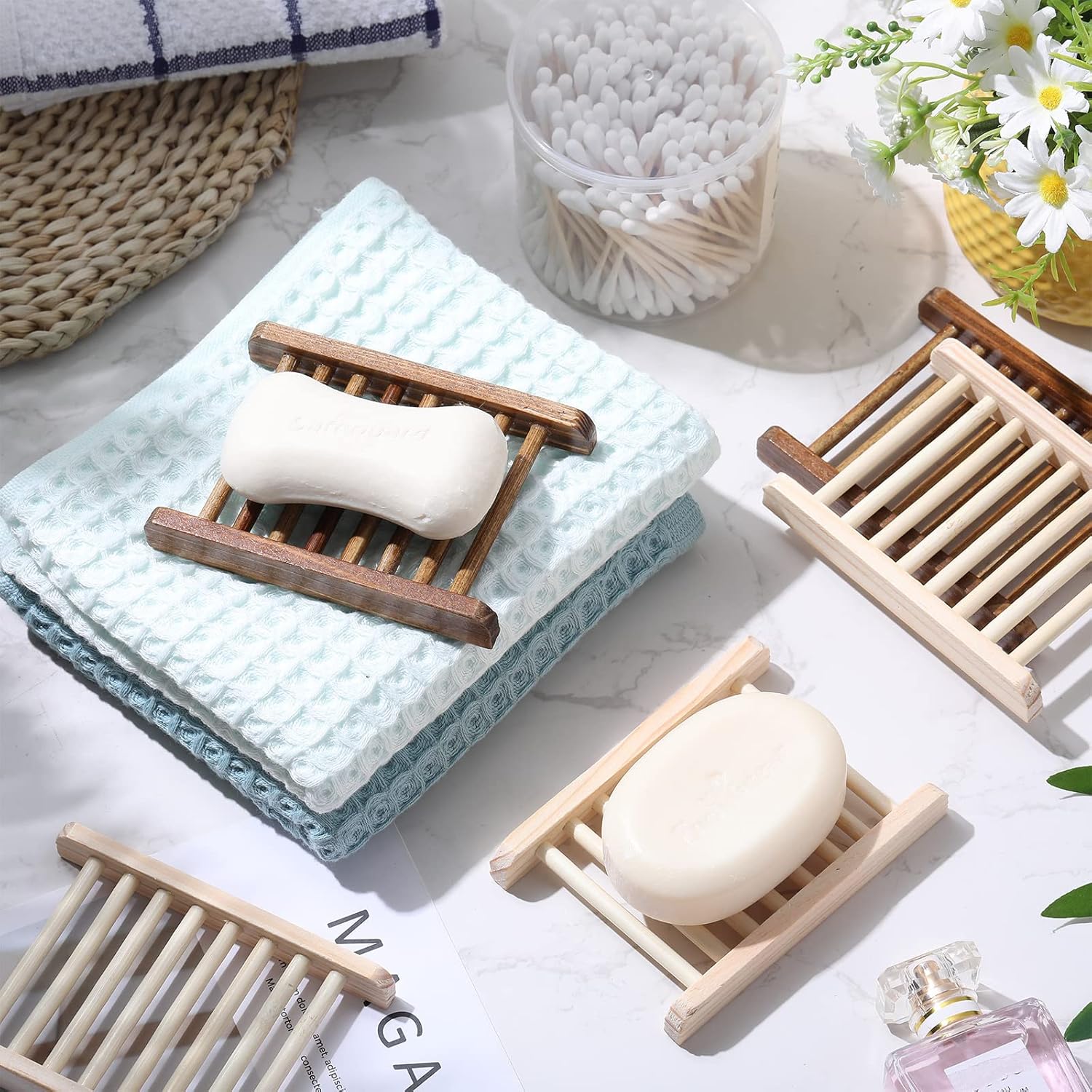 Rtteri Jabonera de madera de bambú para baño, soporte de jabón de madera hecho a mano, accesorios para el hogar, baño, cocina, esponja (100 piezas)