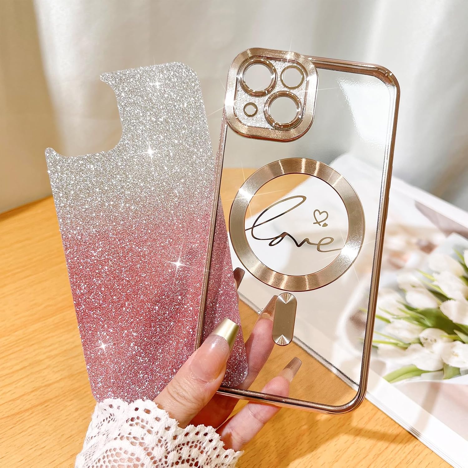 Fiyart Funda compatible con iPhone 13, compatible con MagSafe Love con protección de cámara chapada en corazón, purpurina magnética para mujeres y