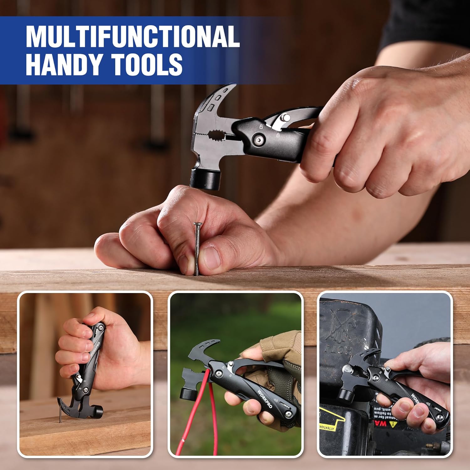 WORKPRO Multitool-Herramientas de camping 12 en 1 con mini martillo-EDC Gear Multi Herramientas Martillo con bloqueo de seguridad y bolsa, Mini