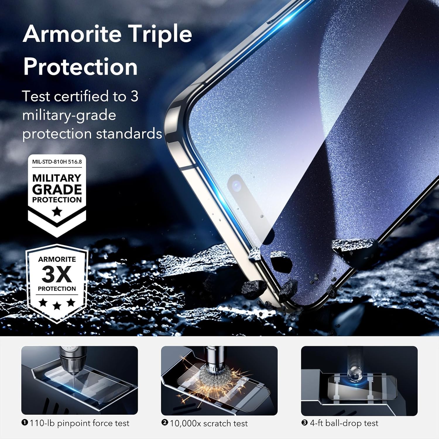 ESR Juego de 3+1 protector de pantalla Armorite para iPhone 15 Pro Max, vidrio templado ultra resistente, marco de fácil instalación, paquete de 3
