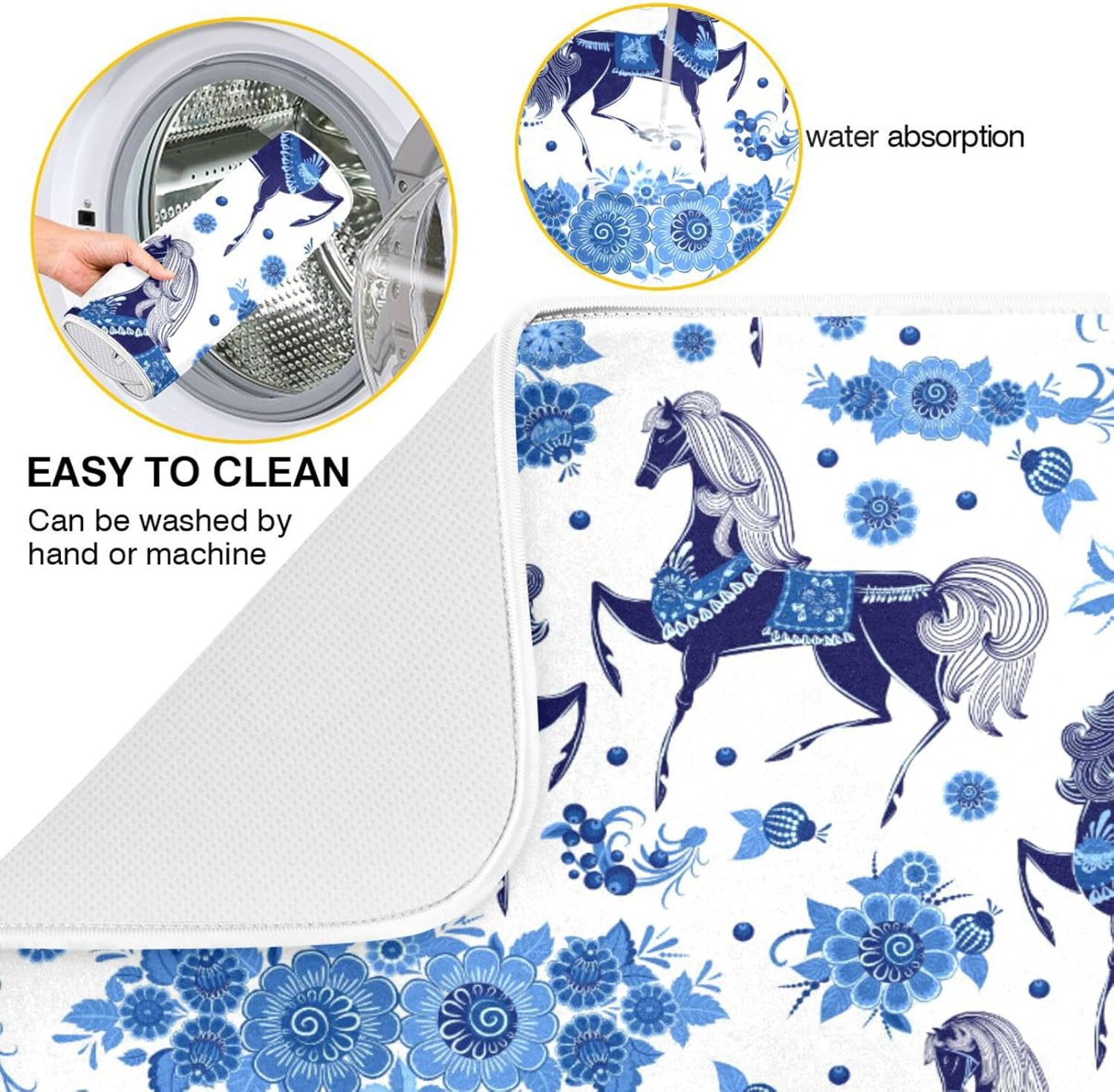 Stylized Blue Horse with Flowers Dish Drying Mat Washnable Absorbent Kitchen Counter Mat Countertop Protector Heat Resistant Tapete Para Cocina 16”