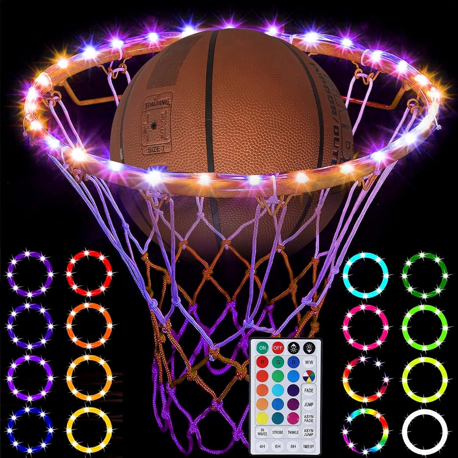 Luz LED de aro de baloncesto con control remoto para borde de baloncesto, luz LED, 17 colores, impermeable, para jugar al aire libre por la noche,