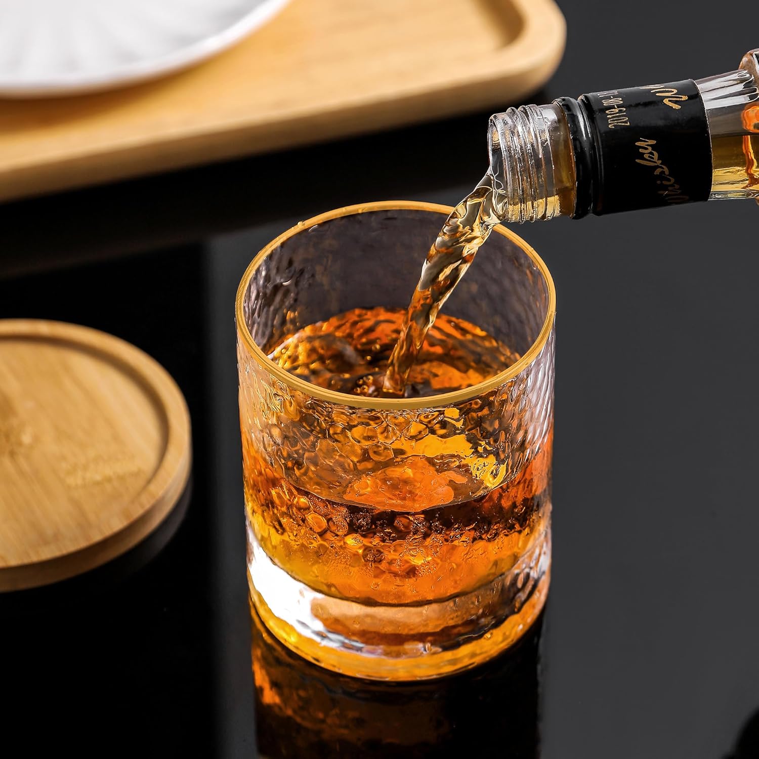 Lysenn Vasos de whisky para hombre, vidrio antiguo con copos dorados para beber, vidrio de bourbon soplado a mano para hombres, 10 onzas líquidas,