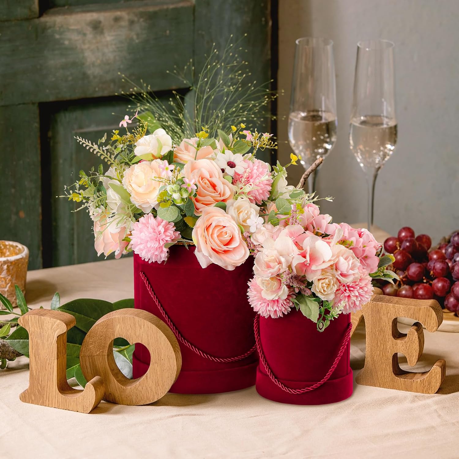 6 cajas redondas de terciopelo con tapas, caja de regalo de terciopelo de San Valentín con asa para arreglos de regalo de flores de lujo, boda,