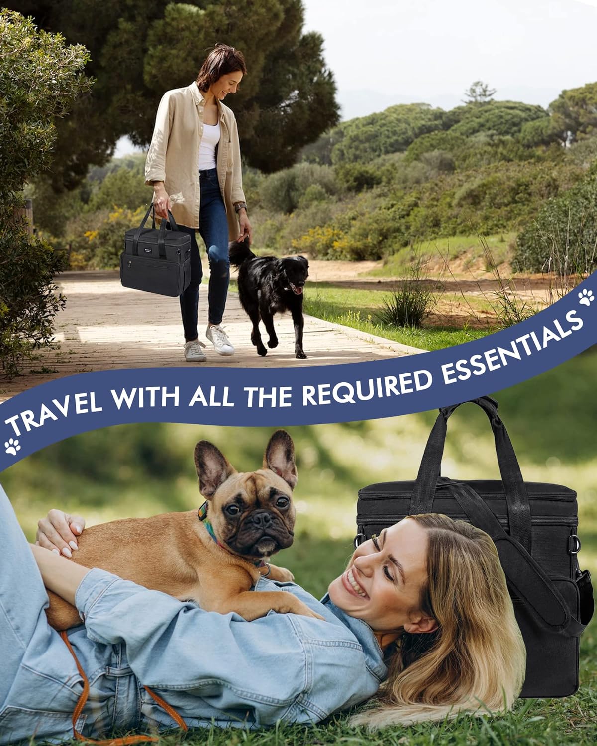 Bolsa de viaje grande para perros, organizador de accesorios de doble capa para una semana y noche con 2 cuencos plegables para perros, 2 portadores