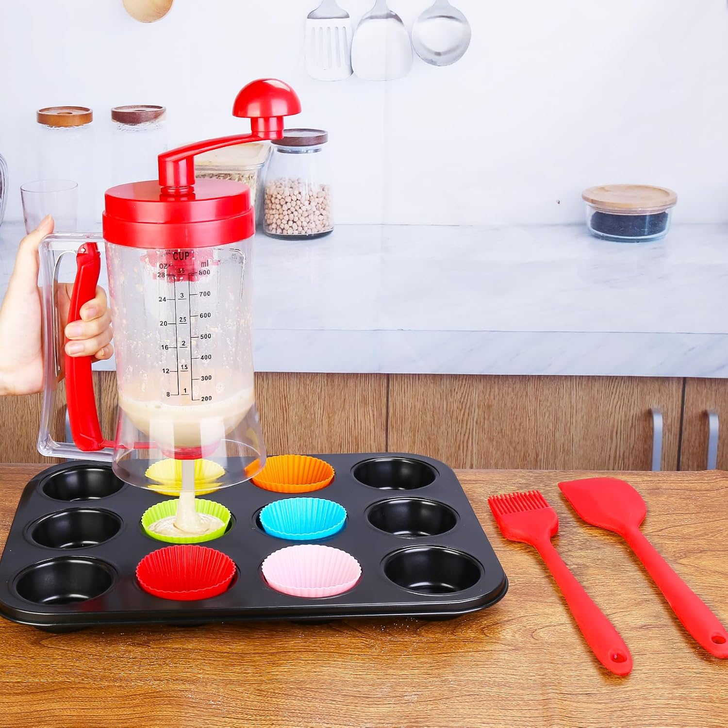 Dispensador de masa 3 en 1, dispensador automático de masa para panqueques y cupcakes con molde para pastel, dispensador de grado alimenticio sin