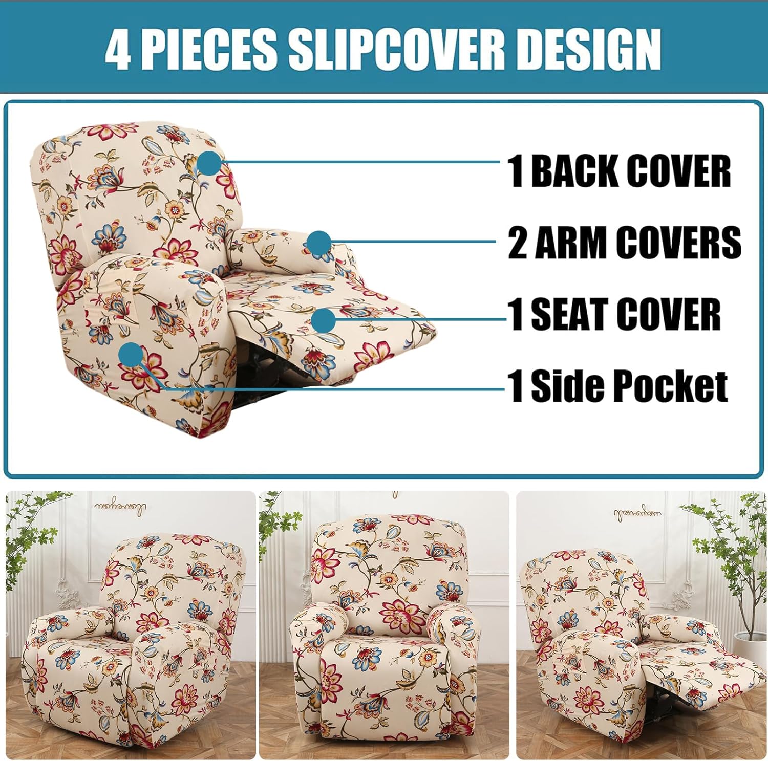 FUANGUI Fundas reclinables estampadas con bolsillo lateral, funda para sofá de 4 piezas, fundas elásticas para sofá reclinable de 1 asiento, fundas