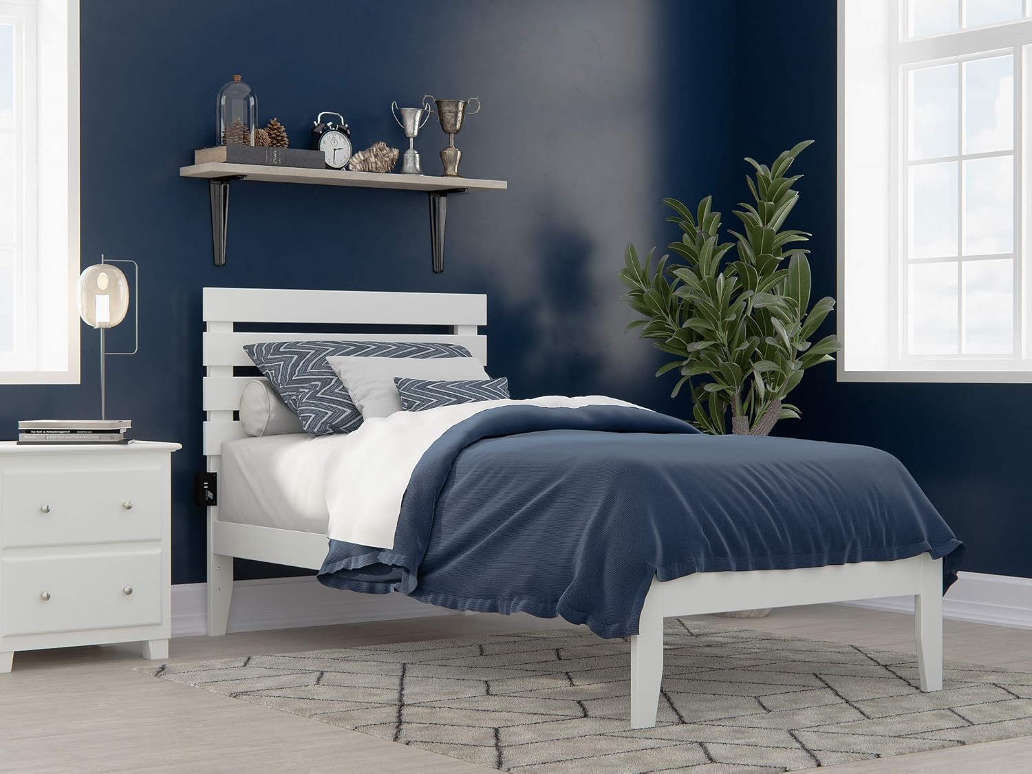 AFI, Cama de plataforma Oxford, tamaño individual XL con cargador USB conectable, color blanco