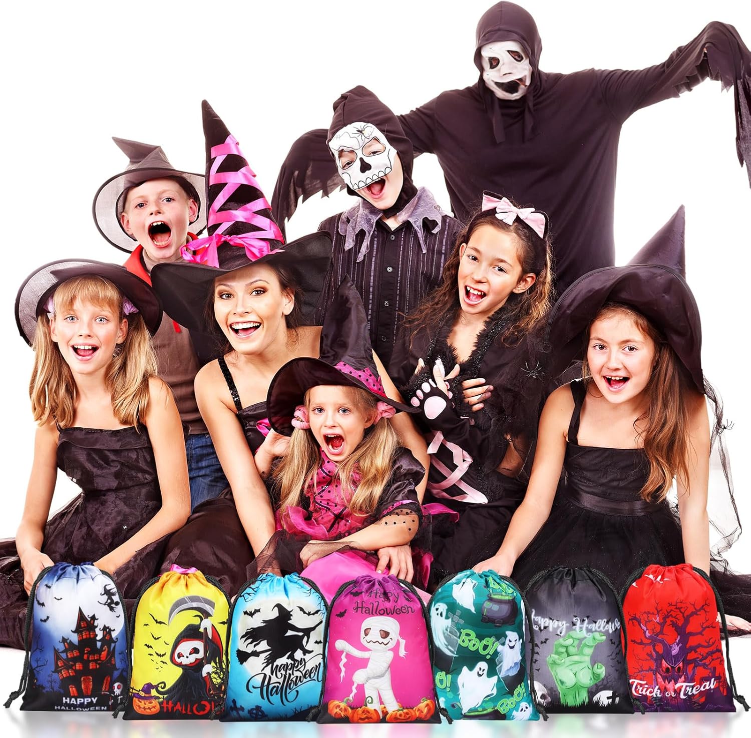 Honoson Bolsas de recuerdo de fiesta de Halloween, 24 bolsas de regalo con cordón, bolsas de poliéster de araña, bolsas temáticas de Halloween para