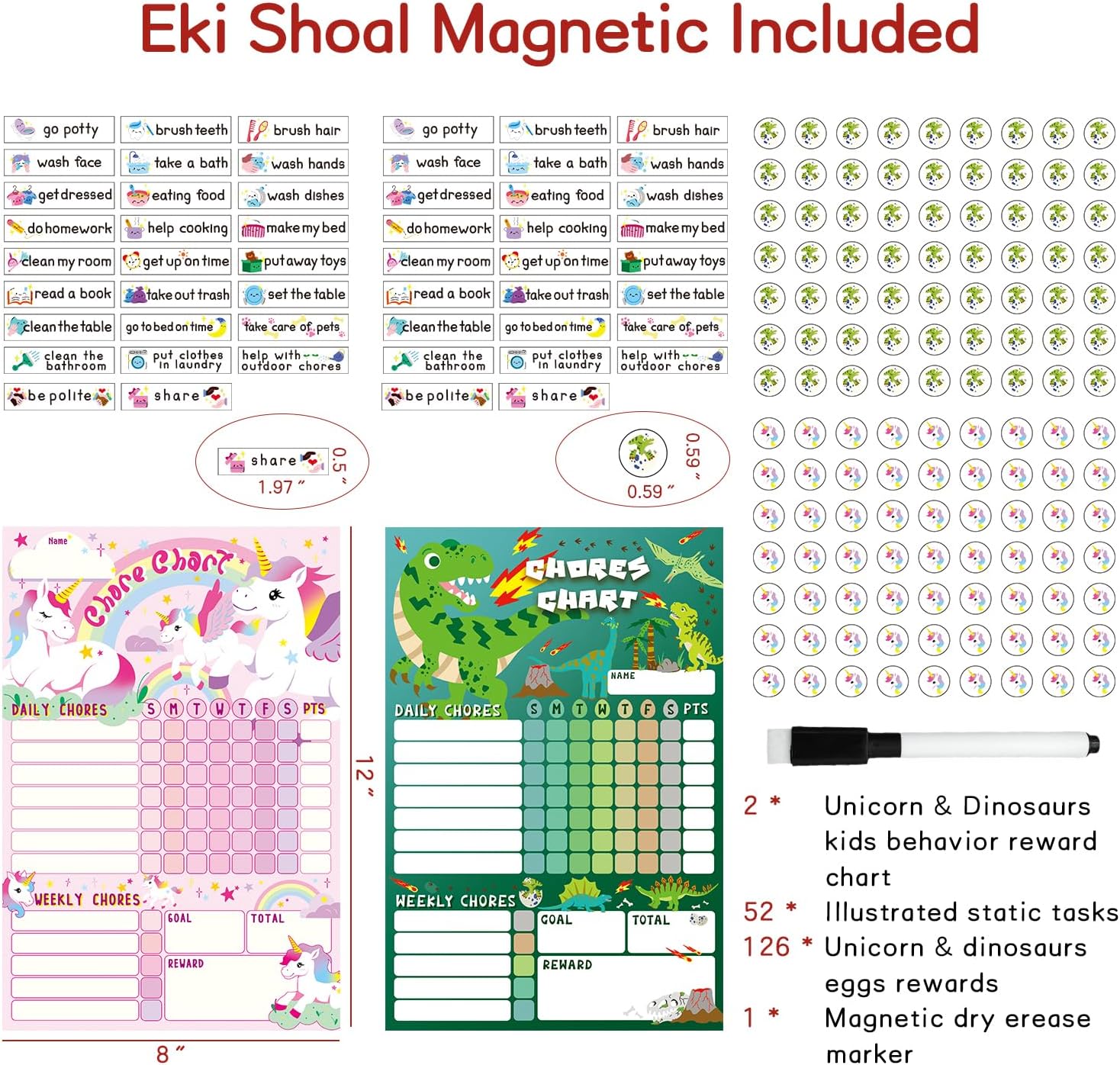 Tabla magnética de tareas de unicornio y dinosaurios para niños, paquete de 2 con 52 tareas estáticas, 126 calcomanías de recompensas, tabla de