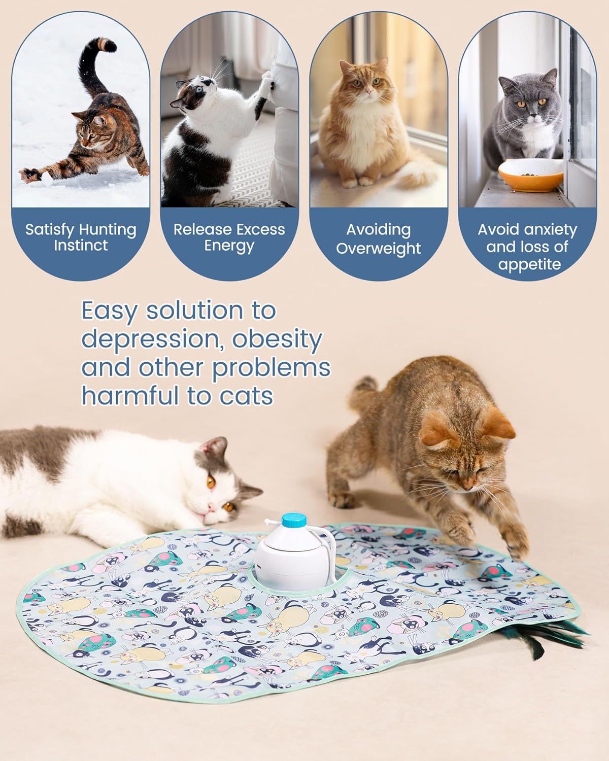 HAPPY HACHI Juguetes interactivos para gatos, 3 en 1, juguetes electrónicos de plumas para gatos, recargable por USB, juguete móvil automático,
