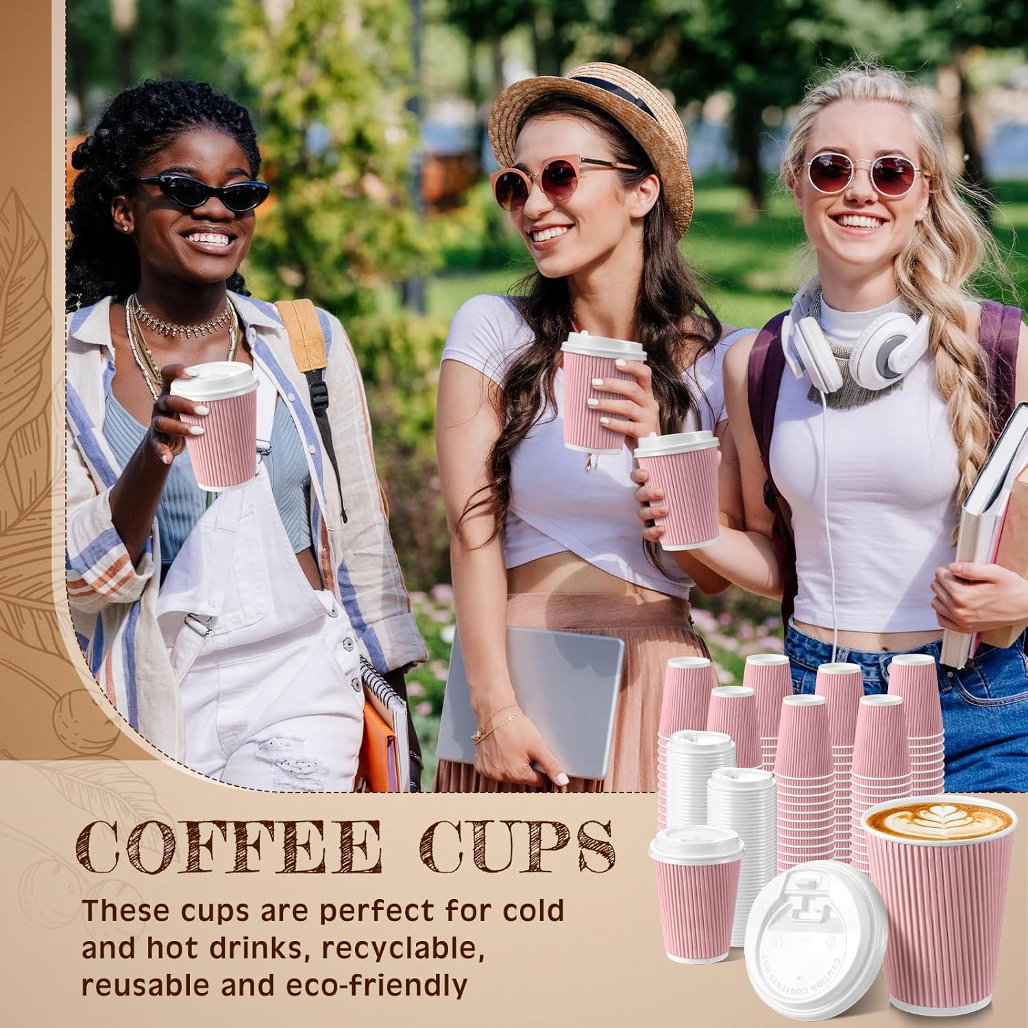 Tioncy 100 tazas de café desechables con tapas, tazas de papel, onduladas corrugadas, aisladas en la pared, tazas calientes con tapas para café,